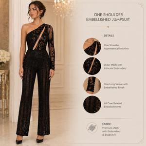Sheer Black Sequin One Shoulder <b>Jumpsuit</b> | Elegant Party Wear Wide Leg Glitter Evening Outfit Designer Cocktail Wedding Guest - Product Image 5