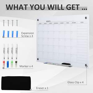Calendrier de tableau blanc en verre effaçable à sec 35 "x 23" planificateur mensuel sans cadre pour bureau à domicile avec marqueurs et gomme - Product Image 6