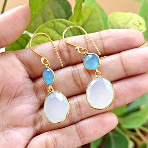 Aqua blue chalcedony briolette dangling <b>earrings</b> handmade bezel set dual stone <b>hook</b> <b>earrings</b> elegant gold plated crystal jewelry - Product Image 4