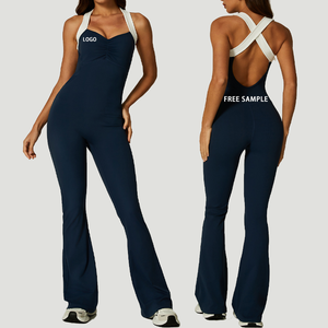 Women <b>Navy</b> Blue Ruched V-Neck Spaghetti Strap Full Length Yoga Jumpsuit High Waist Seamless Four-Way Stretch Gym Wear - Product Image 1