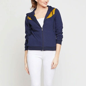 Sudadera con Capucha Azul Marino para Mujer con Bloques de Color Amarillo, Cierre de Cremallera Completo en las Mangas, Ropa Casual de Otoño - Product Image 4
