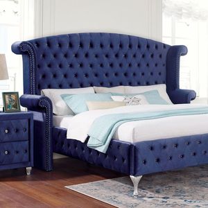Elegante Testiera per Letto Queen Size Blu con Schienale a Ala e Rivestimento in Tessuto Simil-Velluto Trapuntato, Arredamento per Camera da Letto - Product Image 1