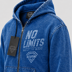 Sudadera con capucha de mezclilla prémium para hombre, estilo urbano, con lavado ácido, estampado gráfico, cremallera y diseño vintage. - Product Image 4
