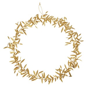 Magnifique couronne dorée, sublimement conçue avec des branches d'olivier métalliques superposées et des feuilles fines et délicates pour une décoration élégante. - Product Image 2