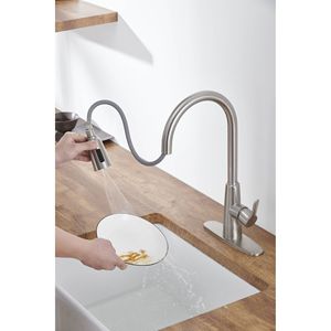 Rubinetto da cucina ad arco alto in acciaio inossidabile anticato con doccetta estraibile, comando singolo a 3 vie, finitura nichel spazzolato - Product Image 1