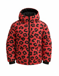 Veste matelassée à capuche pour homme, imprimé léopard rouge et noir, manteau d'hiver style streetwear, vêtement d'extérieur tendance - Product Image 1