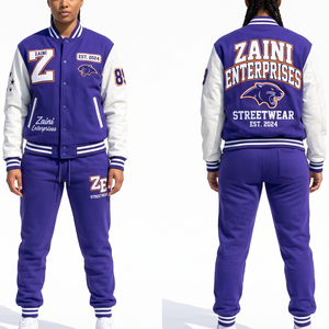 Women Varsity Tracksuit 420 GSM Cotton Fleece Purple White Contrast Sleeve Panel Custom <b>Embroidery</b> Chenille Patch OEM ODM - Product Image 1