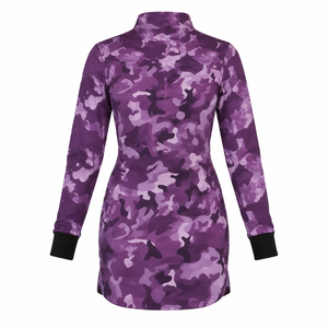 Custom <b>Womens</b> Purple Camouflage Longline Athletic Tunic <b>Quarter</b> <b>Zip</b> Workout Top With Pockets OEM Private Label Sportswear - Product Image 2