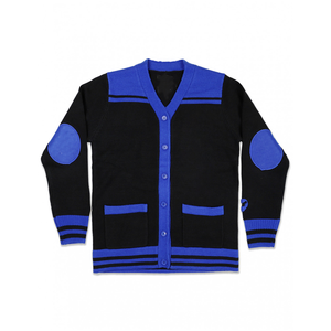 Cardigan pour femme ZPB Style Soro, tricot personnalisé bleu et noir, col en V, boutonné, broderie de lettres grecques, style universitaire - Product Image 1