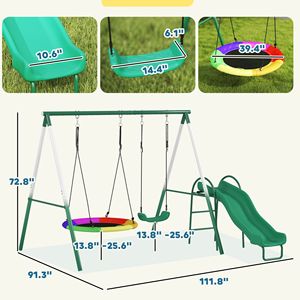 Set Altalena in Metallo Verde Scuro con Sedile a Disco, Corda Regolabile, Struttura a Forma di A Resistente, Include Scivolo per Bambini da Giardino - Product Image 3
