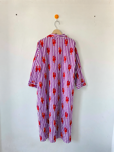 Robe longue décontractée d'été à rayures violettes et imprimé homard, col en V, manches trois quarts, coupe ample, avec poches - Product Image 5