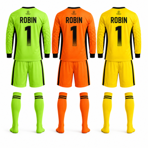 Ensemble d'uniformes de gardien de but de football vert néon, orange, jaune, noir, maillot à manches longues, short, gants, chaussettes, ensemble OEM Pro Training - Product Image 1