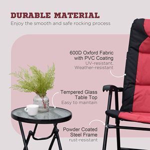 Set di Mobili da Esterno Stile Bistrot in 3 Pezzi: Tavolino in Vetro e 2 Sedie a Dondolo Pieghevoli Imbottite per Veranda e Campeggio - Product Image 2