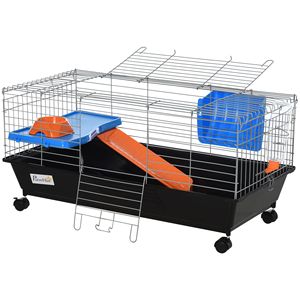 Gabbia per conigli solida da 35 litri con ruote, ciotola per cibo, borraccia, mangiatoia per fieno, rampa per porcellini d'India e animali domestici da esterno, colore nero - Product Image 1