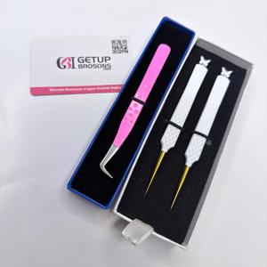 Pince à épiler professionnelle pour extensions de cils, qualité supérieure, volume russe, revêtement blanc et rose, pointe dorée, acier inoxydable droit. - Product Image 1
