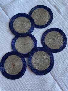Set of 6 Vintage Beaded <b>Coasters</b> Blue <b>Silver</b> Floral Embroidered Stripe Eco-Friendly Customizable Home & Hotel Decor - Product Image 3
