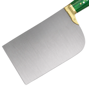 Hachoir à viande robuste argenté avec manche riveté vert, poignée dorée, lame large rectangulaire pour boucher et cuisine - Product Image 3