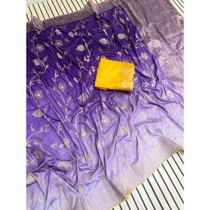 DESGASTE DE FIESTA DOLA SEDA ZARI TEJIDO TRABAJO SAREE CON BLUSA DESCOSADA MORADO - Product Image 2