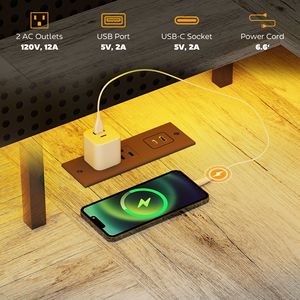 Scrivania ad angolo a L grigia per ufficio domestico con spazio contenitivo, luci LED, prese di corrente e libreria - Product Image 5