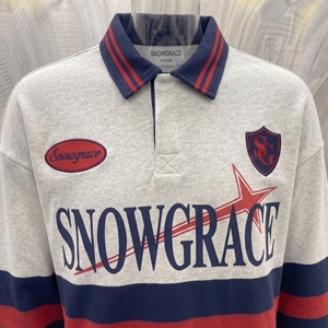 เสื้อเบสบอลแขนยาวลายทาง Snowgrace ปักโลโก้ คอปกพับได้ ทรงหลวม ใส่ได้ทั้งชายและหญิง - Product Image 5