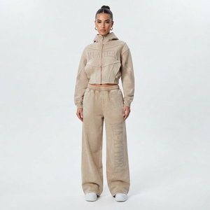 Conjunto Deportivo Casual de Dos Piezas para Mujer: Sudadera Corta con Cierre y Pantalones Anchos Lavados - Product Image 1