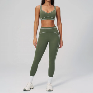 Ensemble de yoga 2 pièces : Crop top taille mi-haute et leggings longs, couleur unie, surpiqûres contrastées, respirant, grande taille, léger, tenue de sport - Product Image 6
