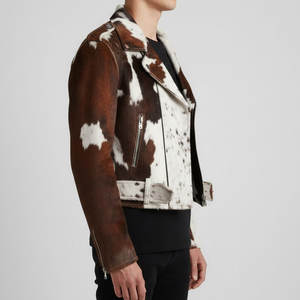 Cowhide <b>Fur</b> Moto Biker <b>Jacket</b> Animal Print Winter Warm Full Sleeve Zipper Closure Turn-down Collar - Product Image 4