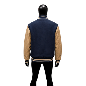 Veste universitaire en laine bleu marine de qualité supérieure avec manches en cuir beige, veste de baseball personnalisée pour hommes et femmes, vente en gros - Product Image 2