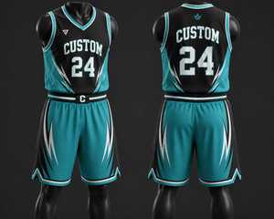 Ensemble de maillot et short de basket-ball personnalisé, bleu turquoise, noir et blanc, sublimé, respirant, professionnel, pour équipe sportive - Product Image 1