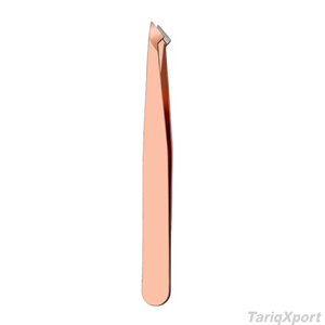Pince à épiler pour cils et sourcils en acier inoxydable, à pointe inclinée et plate, finition or rose, avec applicateur, logo personnalisé, lot de 4 pièces - Product Image 3