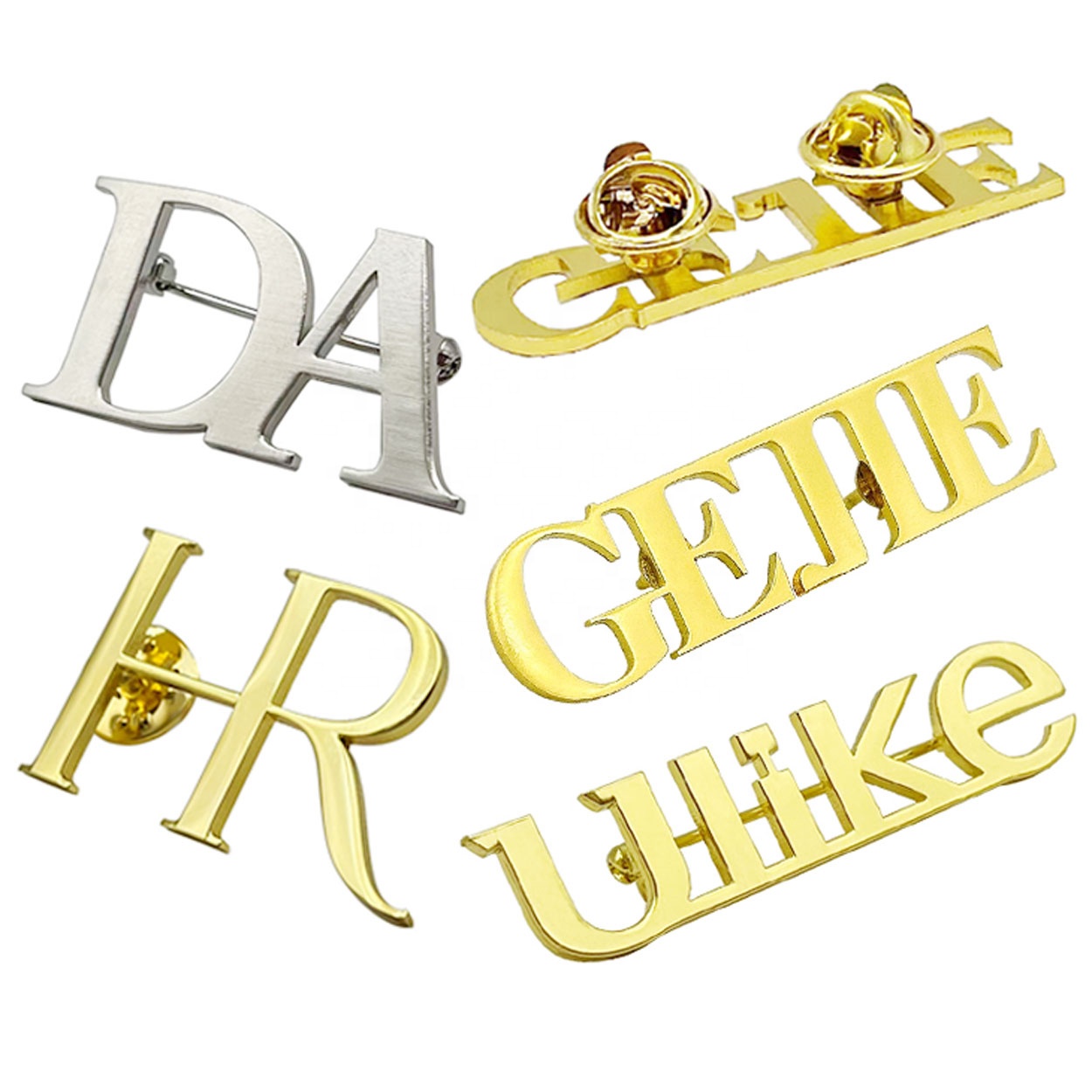 Gepersonaliseerde Custom Logo Metalen Naam Merk Veiligheidspeld Holle Gouden Letter Broche Pin Badge Voor Vrouwen