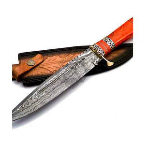 มีดโบวี่เหล็กดามัสกัสทำมือรุ่นใหม่ พร้อมด้ามทองเหลืองประดับหินสีแดง ใบมีดคมแบบตายตัว มีดยุทธวิธี มีดเอาตัวรอด - Product Image 2