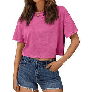 T-shirts courts slim fit délavés à l'acide pour femmes, tendance, à manches courtes, décontractés, pour l'été, vêtements de sport, polyester/coton - Product Image 5