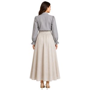Conjunto de Blusa Bordada y Falda Maxi Gris y Beige para Mujer, Manga Larga, Cierre de Botones, Cintura Alta, Dos Piezas, OEM - Product Image 2