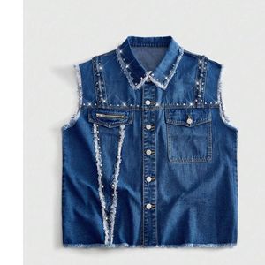 Gilet en jean à col rabattu, couleur unie, vêtement d'extérieur décontracté, en coton tissé, simple boutonnage, détails effilochés, idéal pour le printemps - Product Image 1