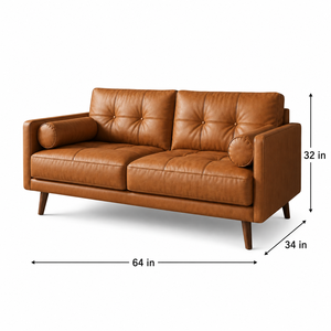 Luxury Genuine Leather Square Two Seat <b>Sofa</b> Mid- Modern Couch Solid Wood Legs Tufted Seat Cushions Living Room Apartment - Product Image 2