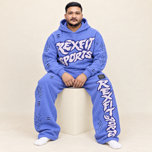 Applique Style Graphic Unisex Tracksuit Custom Pullover Hoodie <b>Wide</b> <b>Leg</b> <b>Joggers</b> Distressed Cuts with Sleeve - Product Image 2