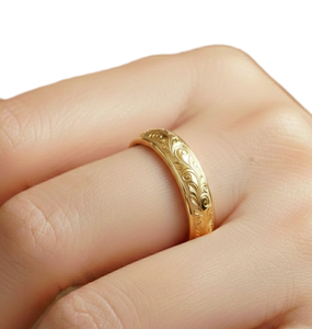 10K 14K 18K Solid Gold Inspire Stainless Steel Vintage Promise Band Dainty Engraved Plumeria Flower Designer Fine <b>Proposal</b> Band - Product Image 6