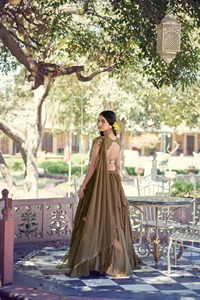 Brown Embroidered Lehenga Set Sleeveless V Neck Net Blouse Dupatta Traditional Indian Outfit <b>Wedding</b> Banquet Wear - Product Image 2