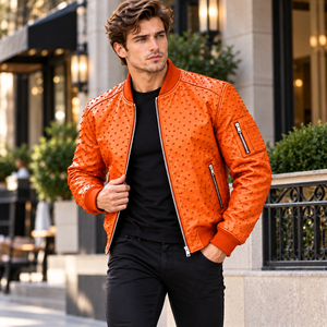 Chaqueta Bomber de Cuero de Avestruz para Hombre, Diseño Premium con Relieve, Cremallera y Bolsillos, Moda Casual y Motociclista - Product Image 5