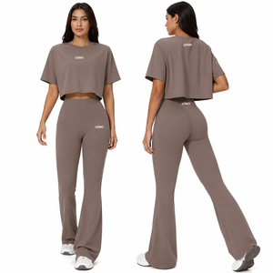 Womens 2 Piece Yoga Set Crop Top & High Waist <b>Flare</b> <b>Leggings</b> Fitness Gym Workout Activewear Lounge Wear Set - Product Image 5