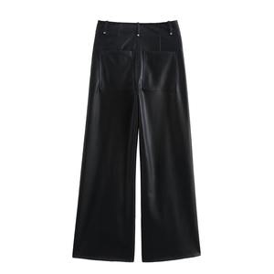 Pantalon large en cuir taille haute pour femme, plissé devant, longueur intégrale, couleur unie, style minimaliste, pour l'automne - Product Image 2