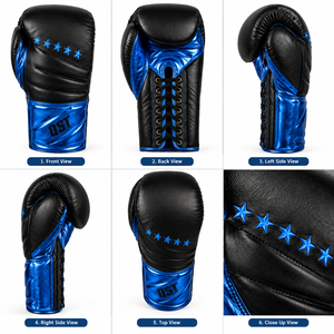 Gants de combat professionnels en cuir véritable de haute qualité, couleur et logo personnalisés, noir et bleu, pour les combats de boxe et les entraînements intenses. - Product Image 2