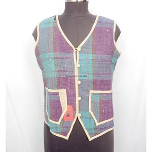 Elegant Handmade Eco-Friendly Breathable Cotton <b>Kantha</b> V-Neck Women's Waistcoat Winter Short <b>Jacket</b> Vest Button Closure - Product Image 1
