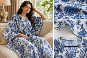 Palm Tree Cotton Kaftan Maxi Dress for Women <b>Long</b> <b>Nightdress</b> Summer Resort Wear Loungewear Gown with Drawstring Waist - Product Image 4