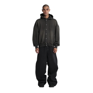 Sudadera con capucha para hombre, estilo vintage, con botones a presión, forro polar, puños acanalados, lavado desgastado, estilo urbano, venta al por mayor - Product Image 1