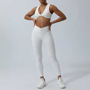 Women Solid Color Sports Bra High Waist Full Length Leggings 2 Piece Twist Design Deep Crisscross Straps Seamless Yoga Set Wear - Product Image 6