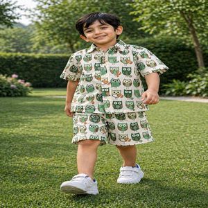 Vêtements pour enfants de haute qualité, ensemble été 2 pièces, tenue élégante pour garçon, motif hibou stylé, tenues décontractées pour tout-petits - Product Image 1