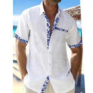 Camisa Amalfi con Ribete en Contraste, Color Azul Medianoche, Textura Slub, Estilo Casual Artesanal con Ribete, Cierre de Botones, para Verano - Product Image 1