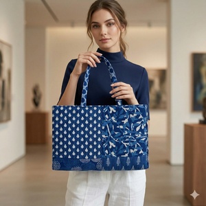 Bolso de Mano Plegable Ecológico con Estampado Azul para Mujer, Bolso Tote de Tela Resistente con Cierre, Elegante, Espacioso y Ligero para Uso Diario - Product Image 2